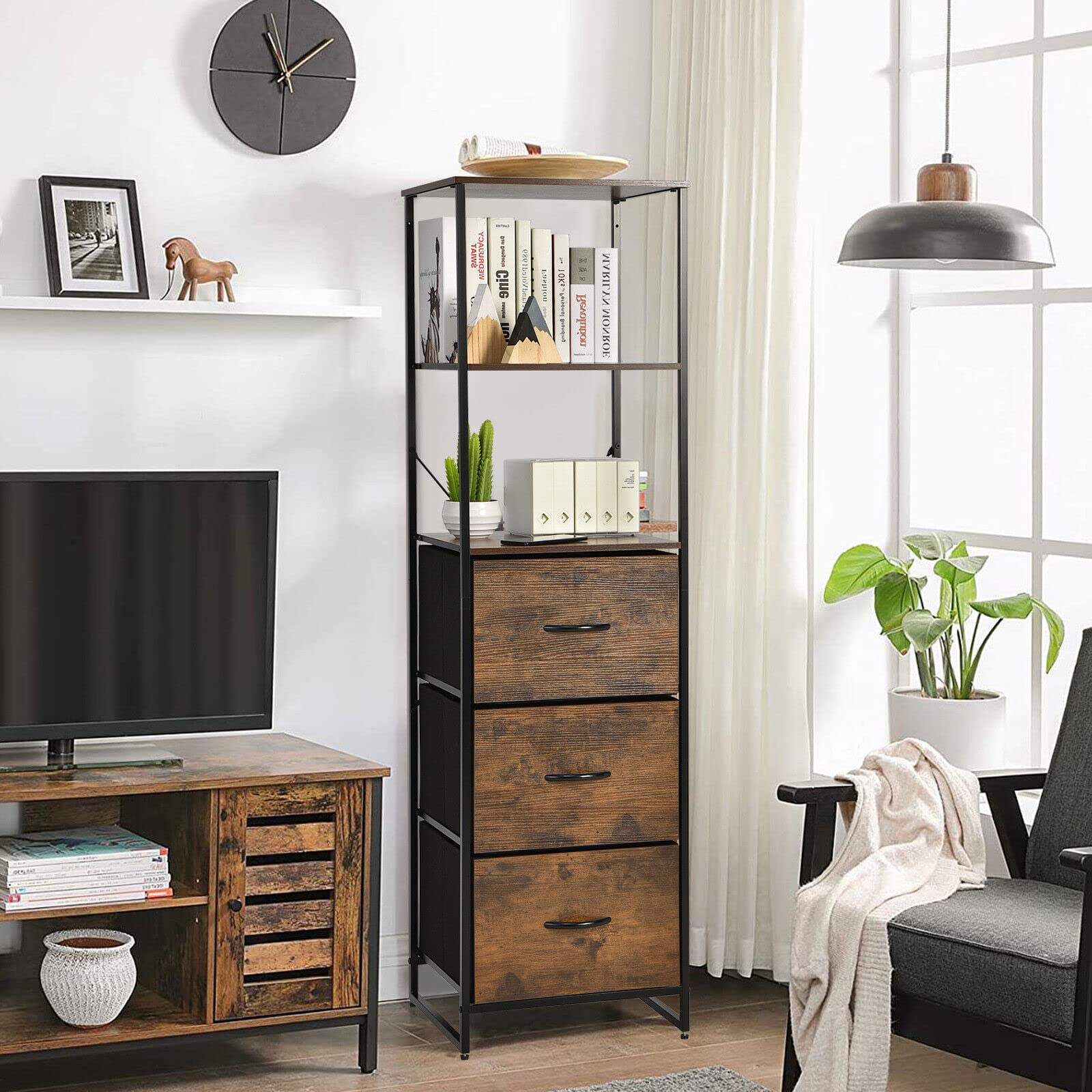 Giantex Drawer Dresser Tallboy Storage Cabinet Shelves Wood Organizer Industria