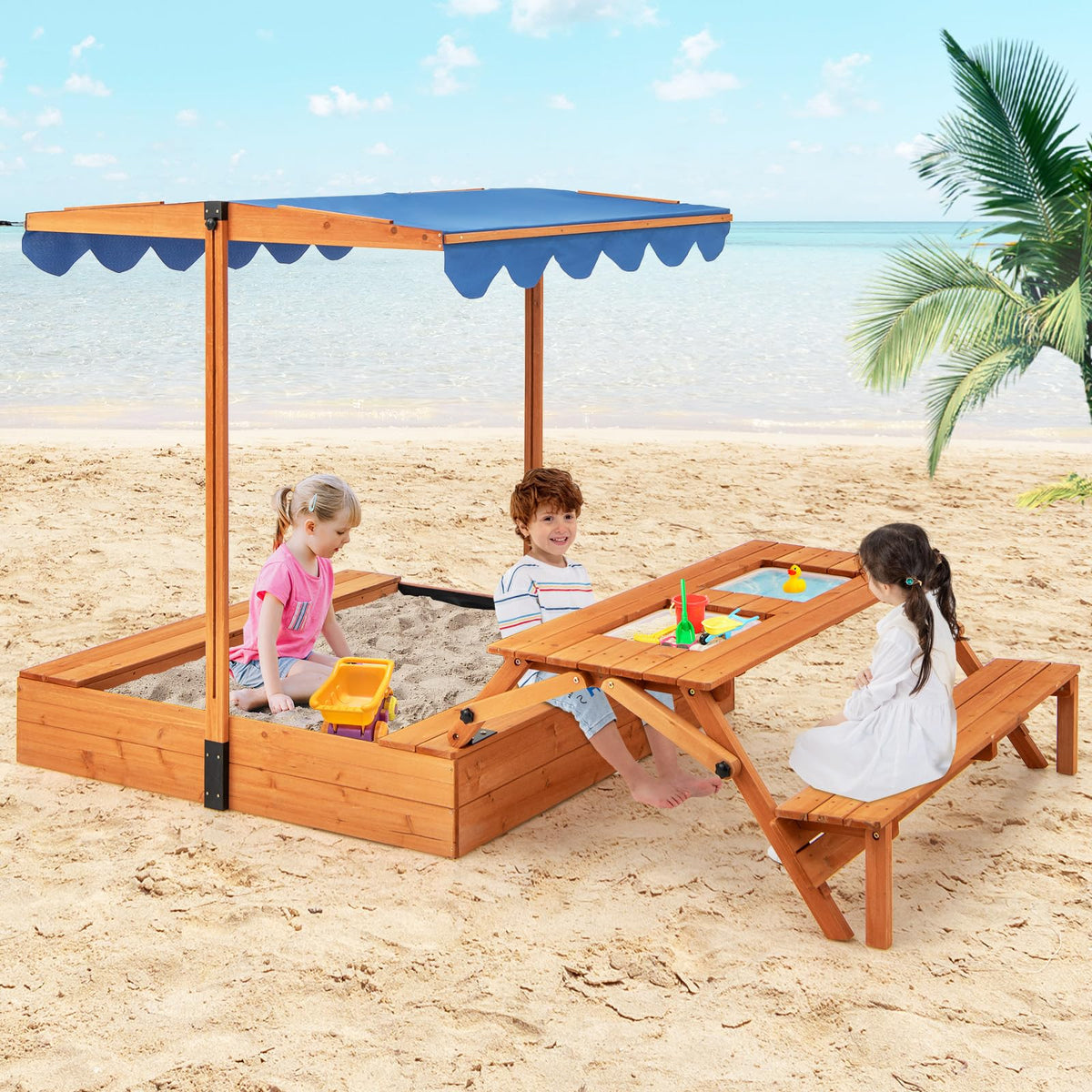 HONEY JOY Kids Wooden Sand Box w/Lid Cover, Outdoor Sand Pit for Children