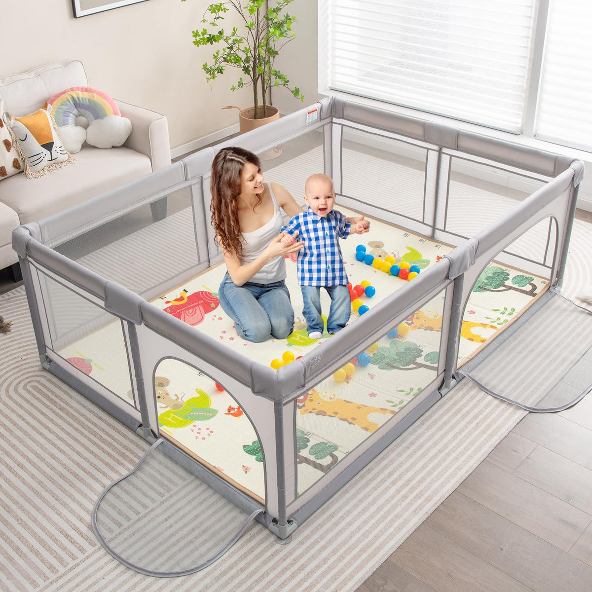 Baby Playpen, Extra-Large Play Yard with Play Mat, 50 Ocean Balls & Carrying Bag