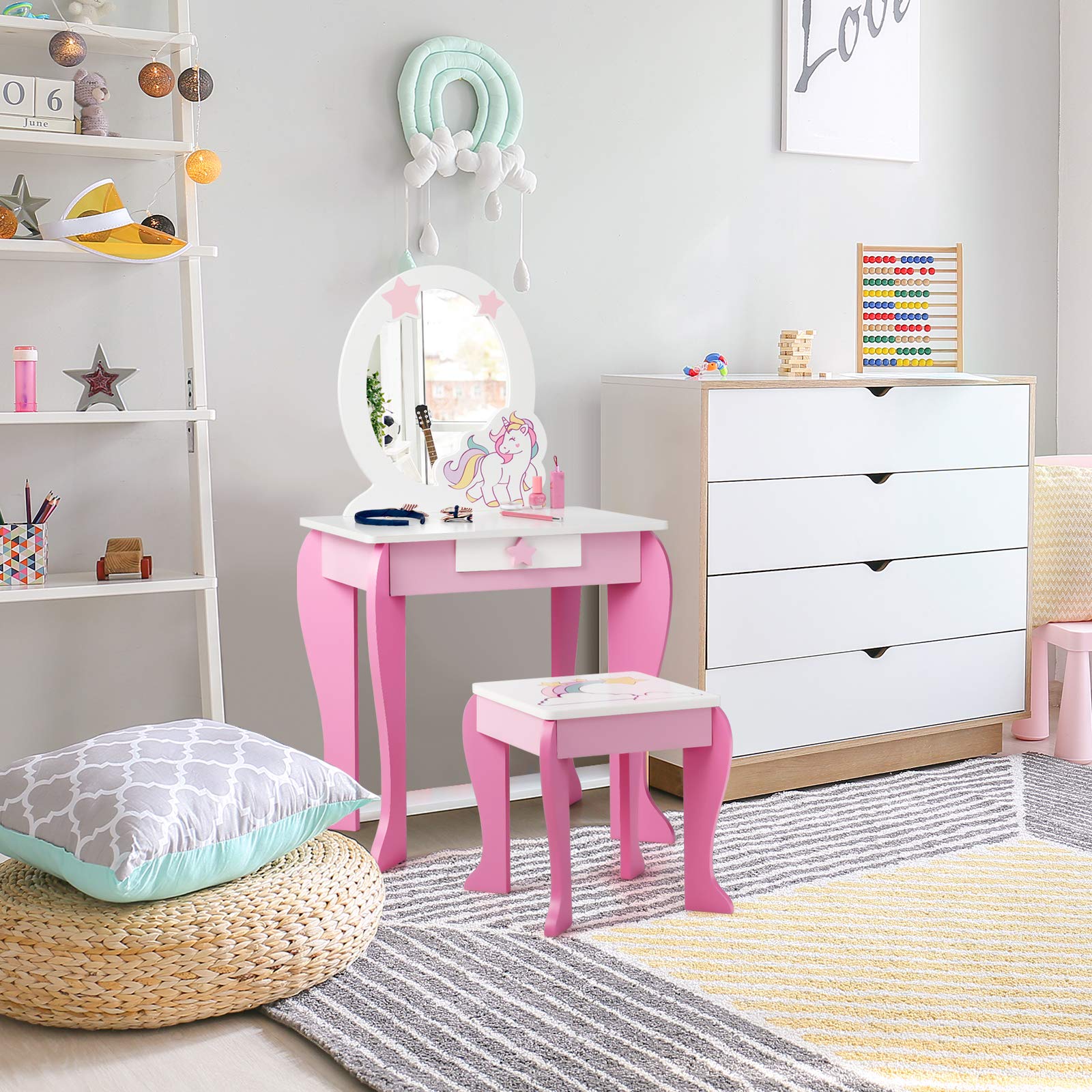 Kids Vanity Table and Chair Set with Mirror and Stool TOP 50 Bonus Trinkets Set