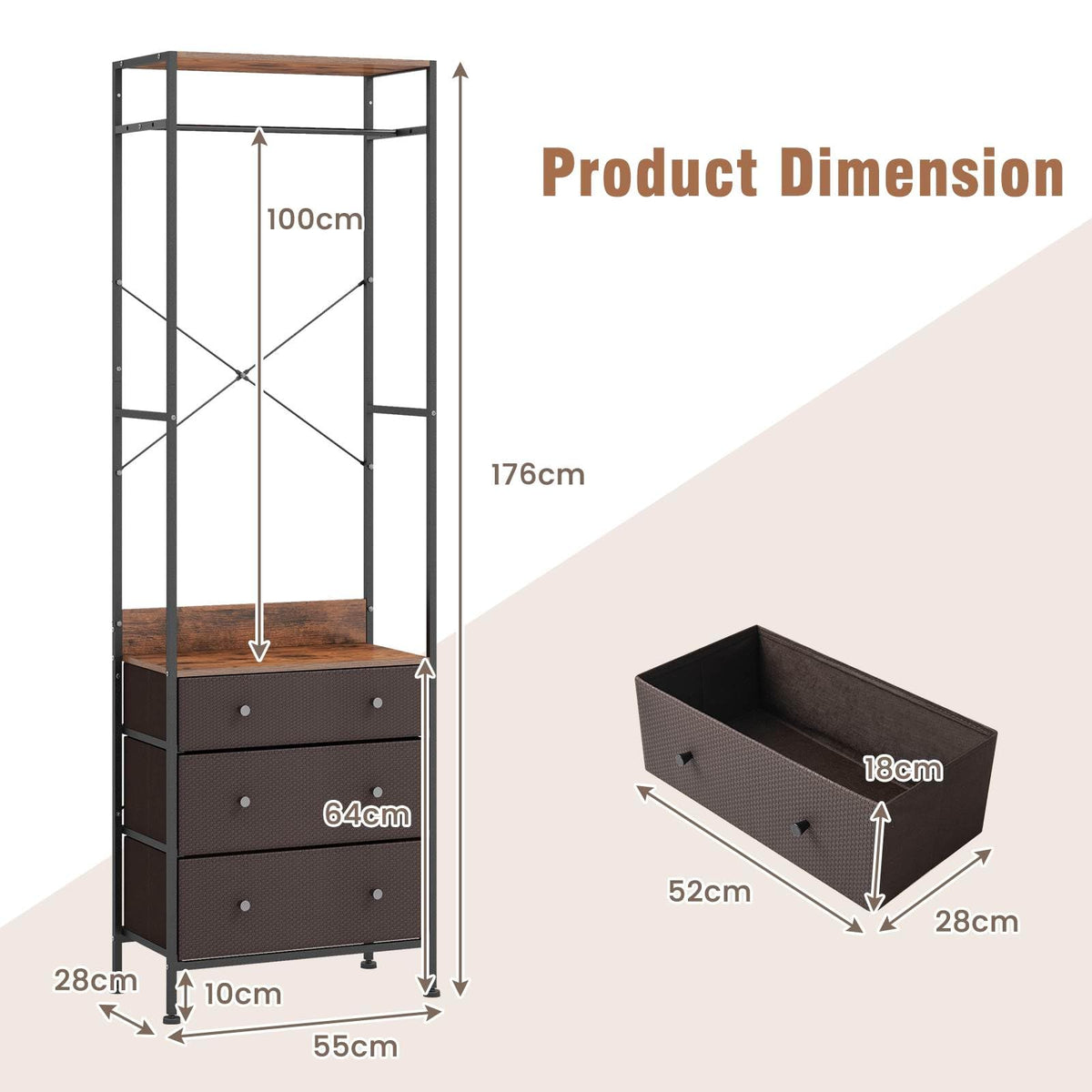 Freestanding Closet Organizer, Clothing Stand Dresser w/ 3-Position Hanging Rod & Storage Shelves