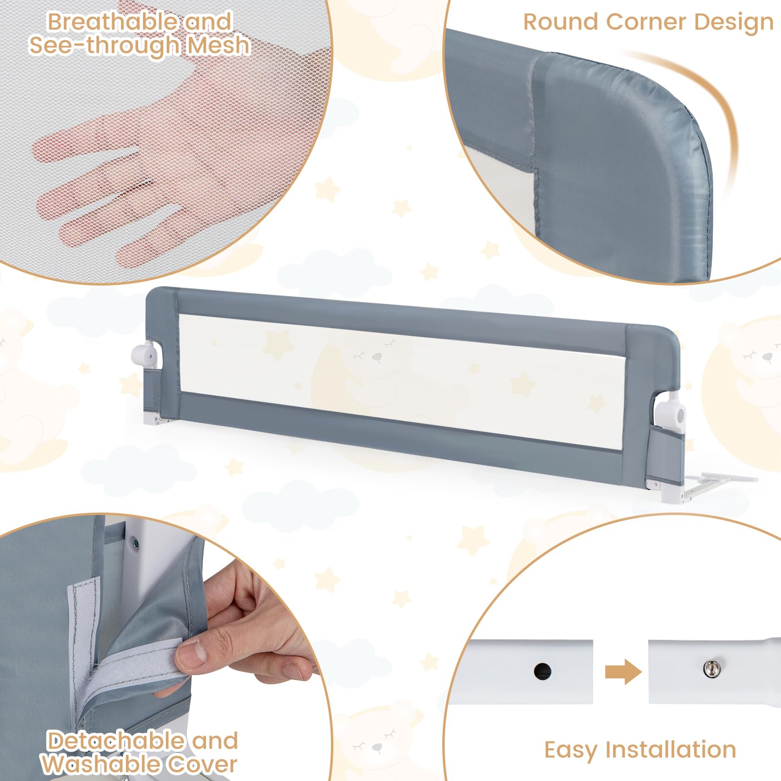 180 x 42 cm Swing Down Baby Bed Guard Rail w/Adjustable Safety Strap Foldable Bed Rail for Toddlers