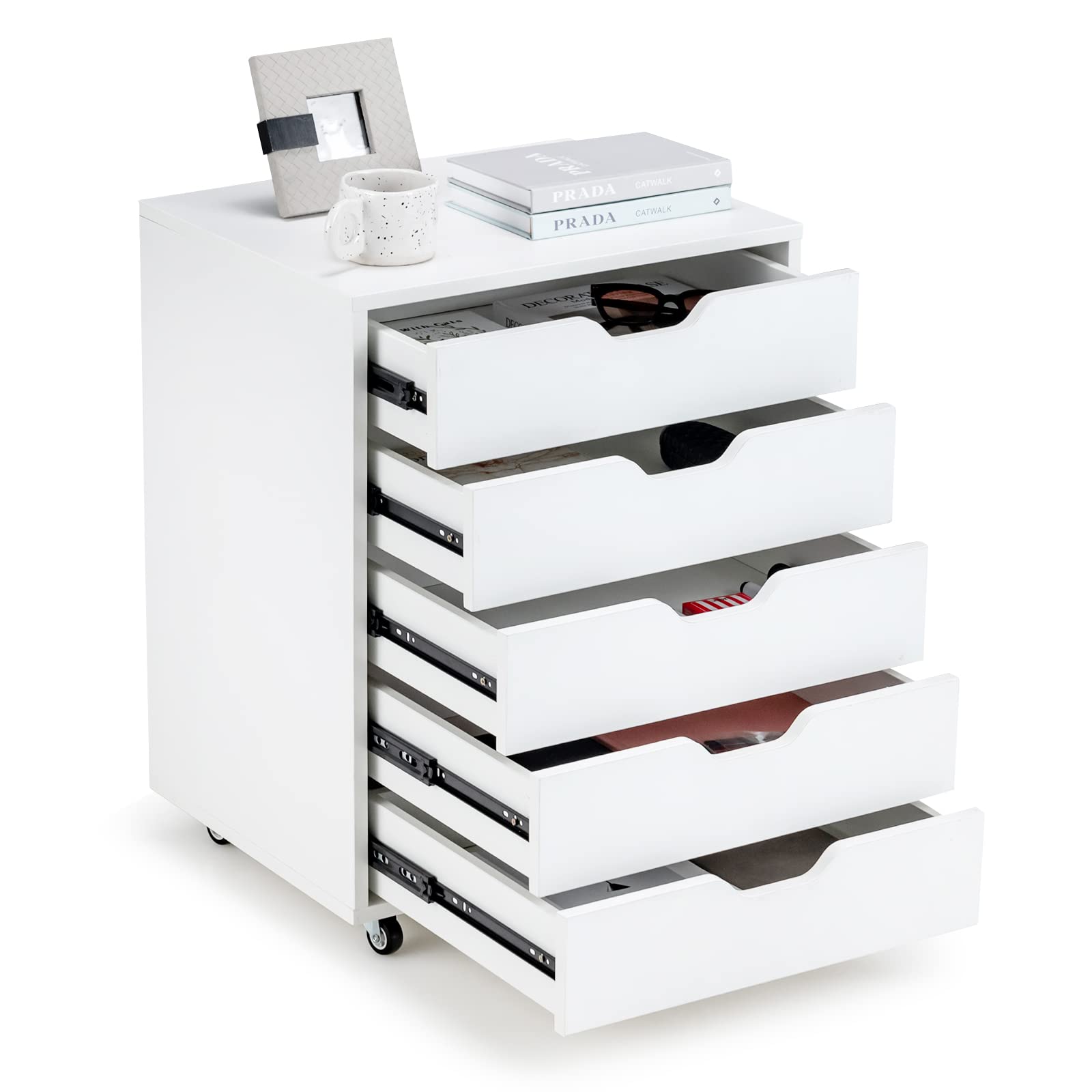 5-Drawer Chest of Drawers Wooden Dresser Chest, Mobile Lateral Filing Cabinet with Wheels