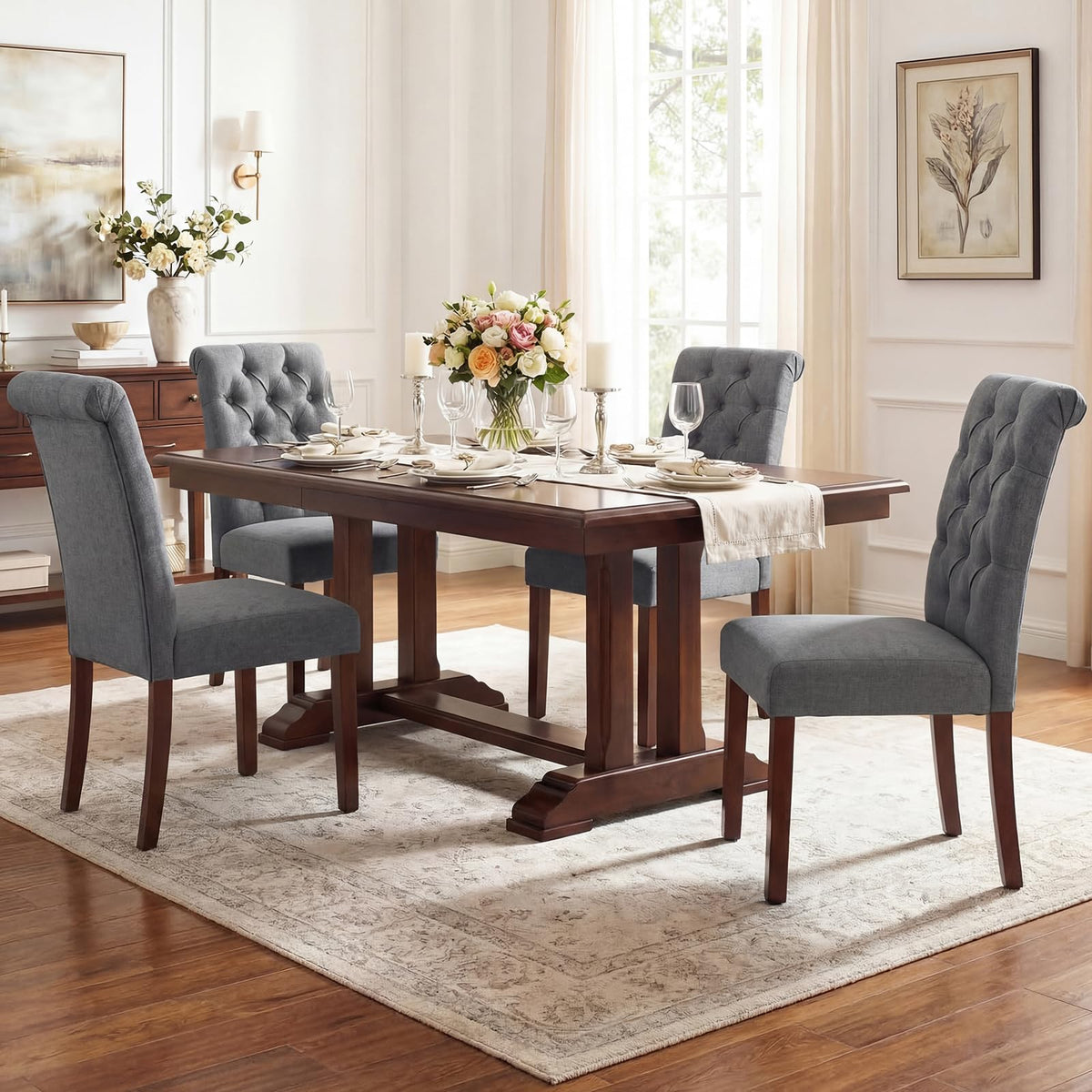 Upholstered Dining Chairs Set of 2, Button Tufted Chairs w/Padded Seat & Backrest