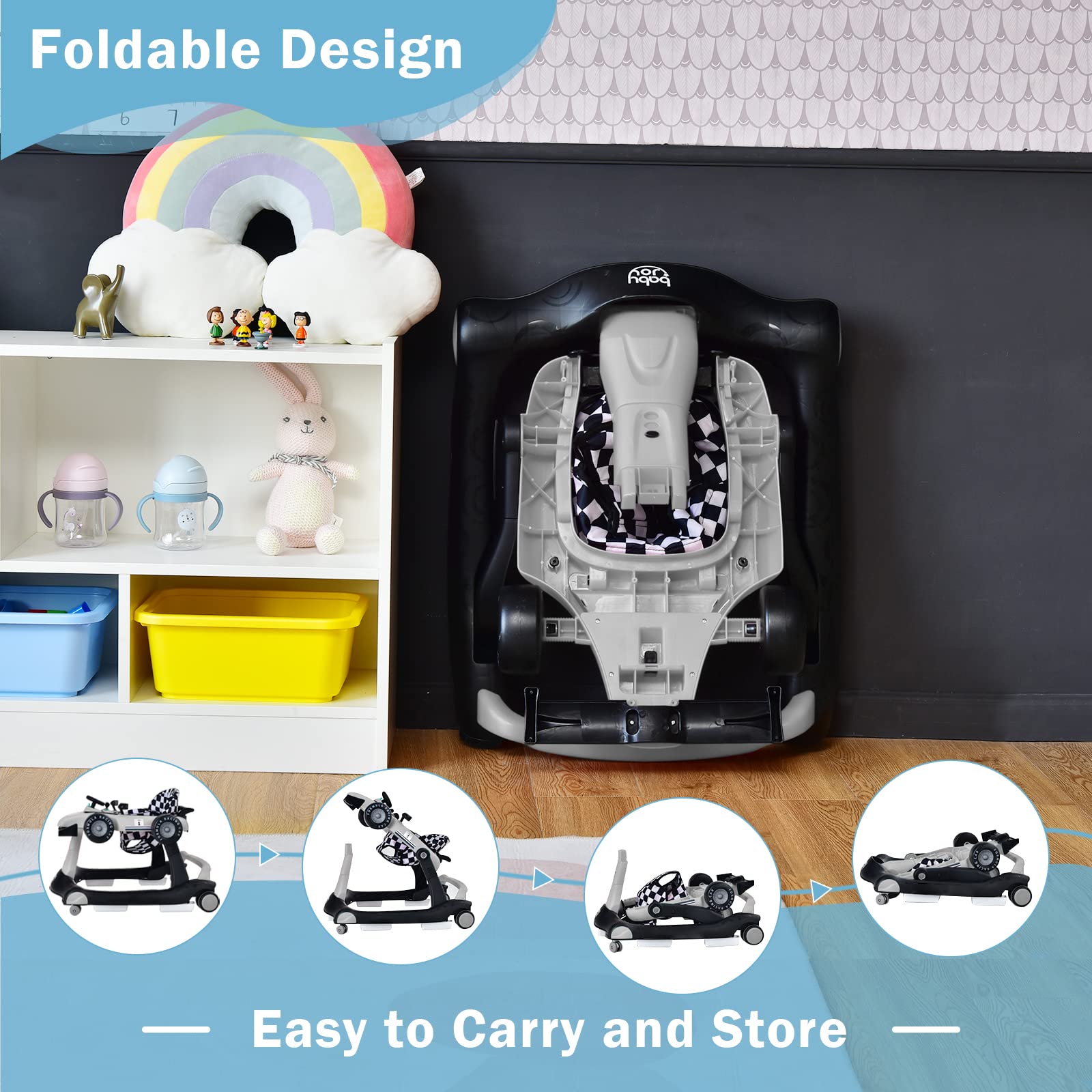 4-in-1 Baby Walker, Foldable Activity Car Baby Walker w/3 Adjustable Height
