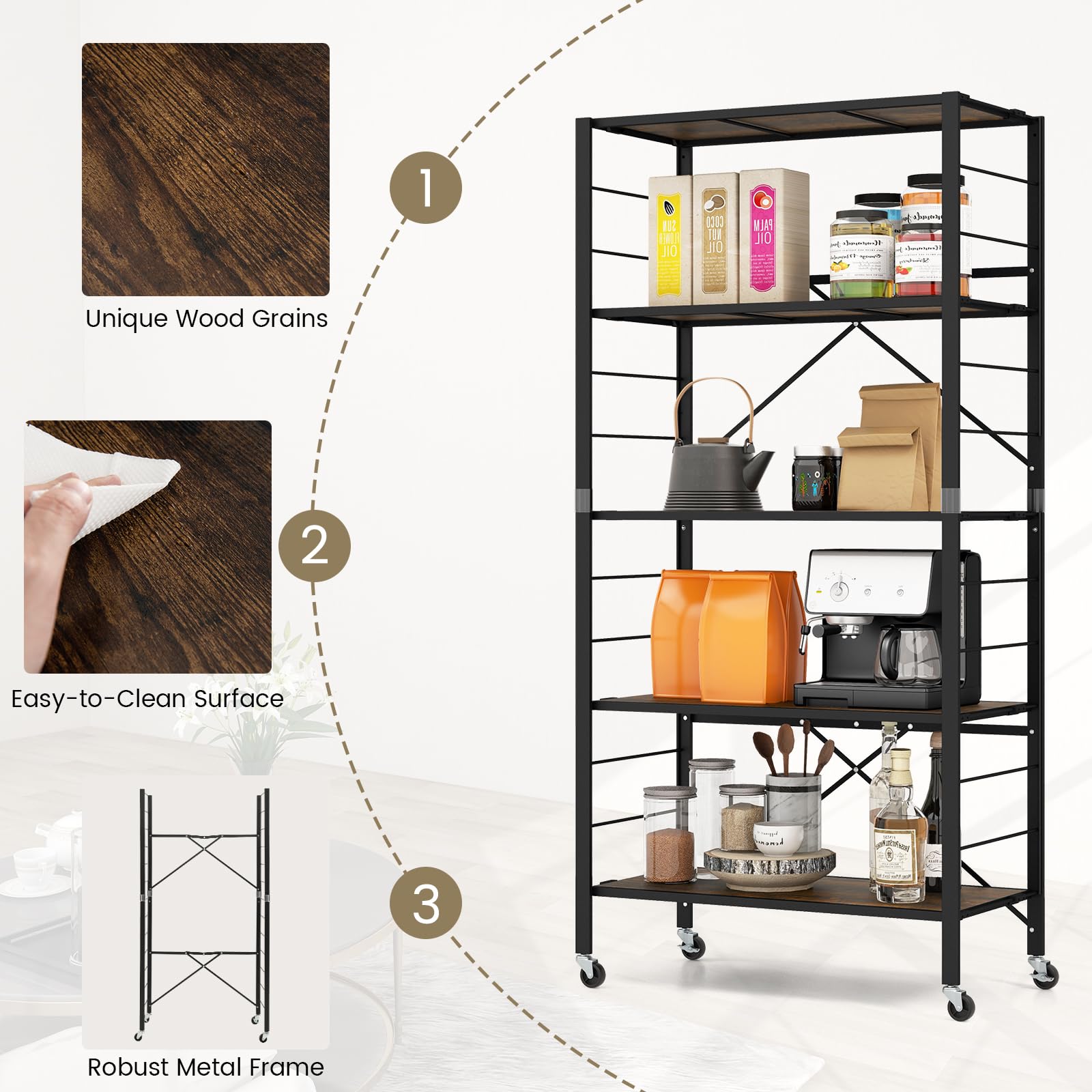 Giantex 5-Tier Foldable Shelving Unit, Heavy Duty Metal Shelves with Detachable Wheels