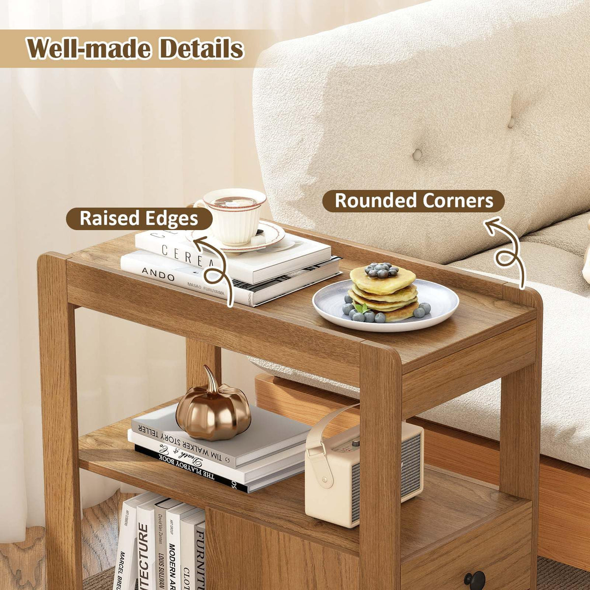 2-Drawer Sofa Side Table with Open Shelves, Modern Narrow End Table