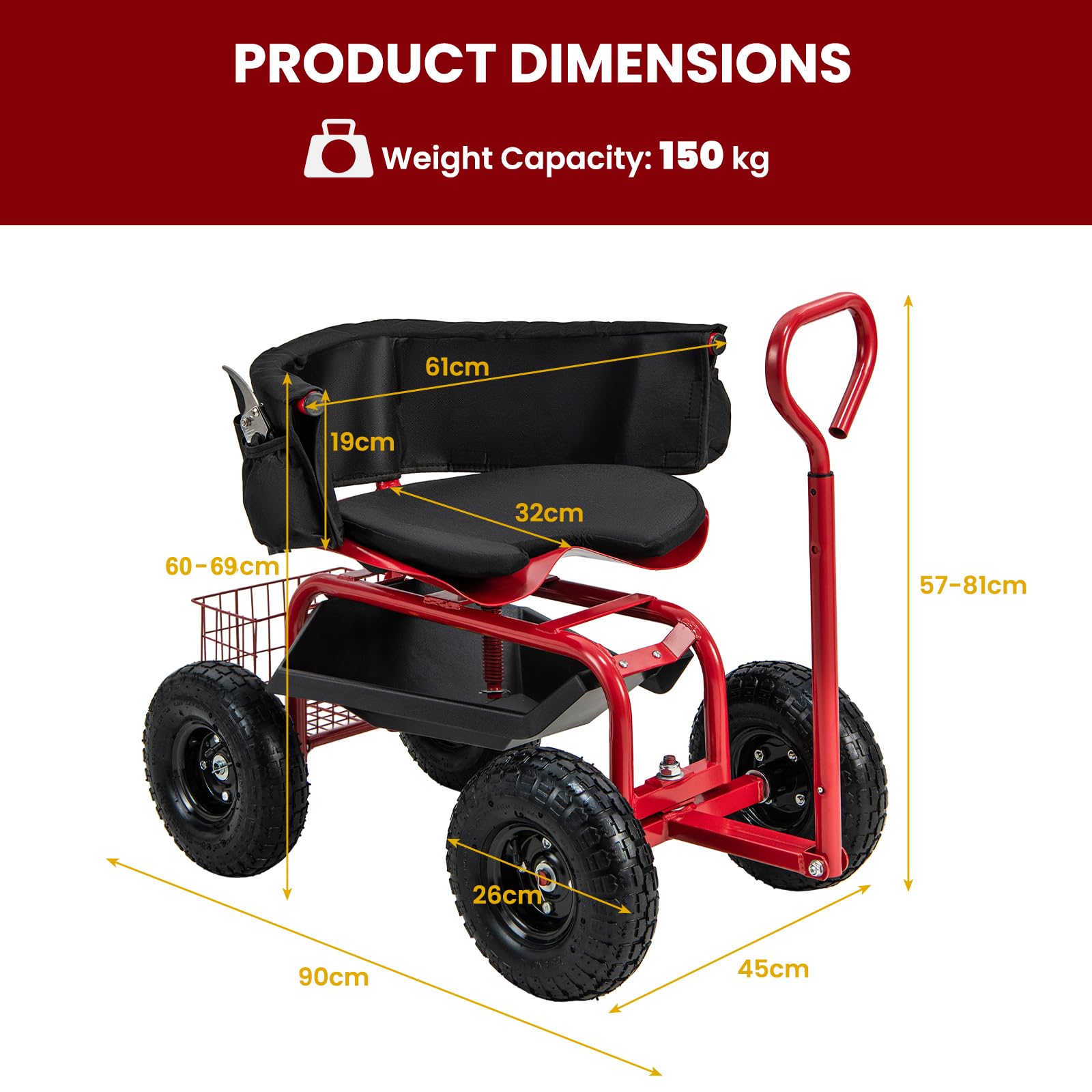 Rolling Garden Cart Scooter, Outdoor Heavy-Duty Gardening Cart w/ 26cm Tires, Swivel Seat