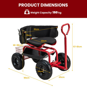 Rolling Garden Cart Scooter, Outdoor Heavy-Duty Gardening Cart w/ 26cm Tires, Swivel Seat