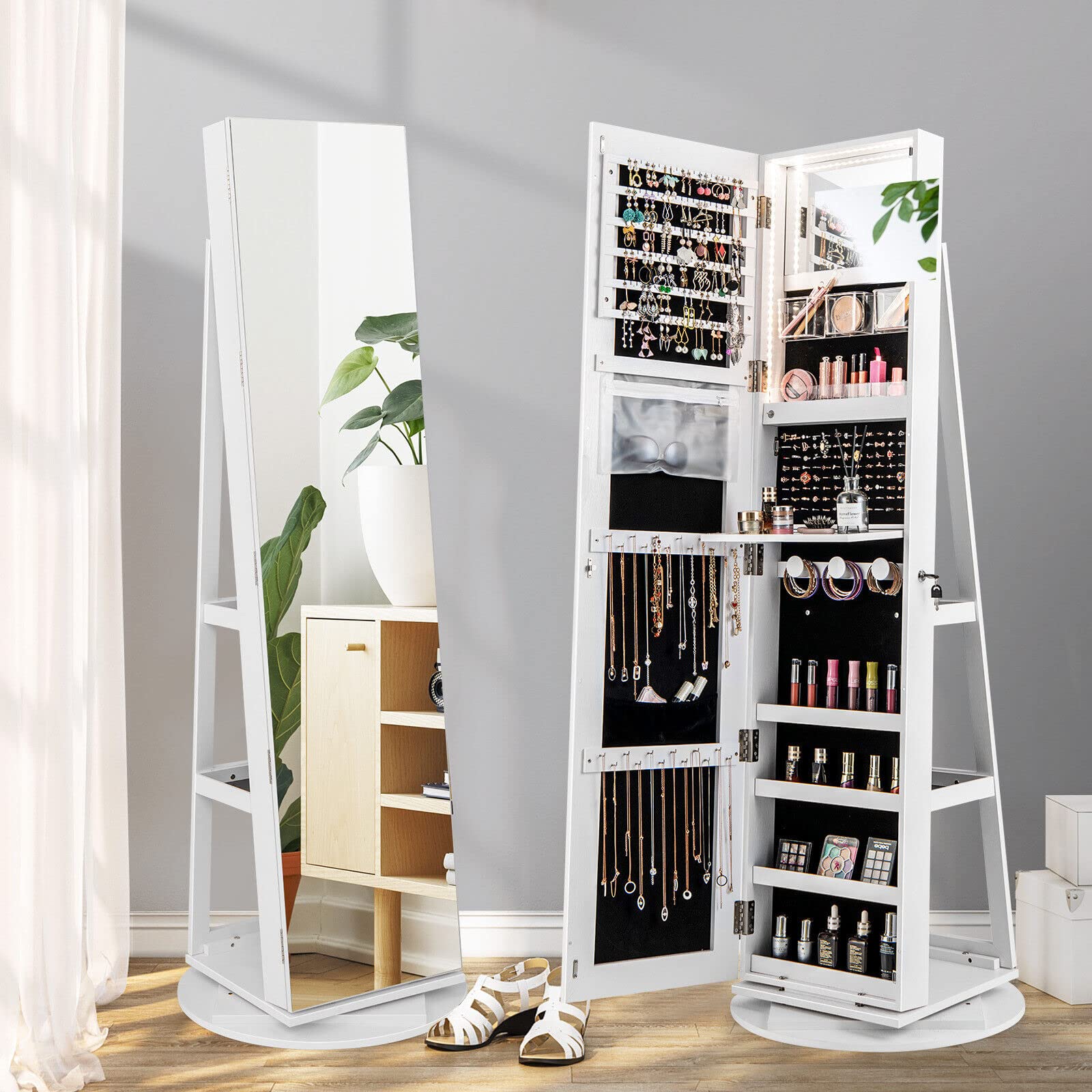 Giantex 161CM(H) Jewelry Armoire with Full Length Mirror 360° Swivel, 3-Color LED lights