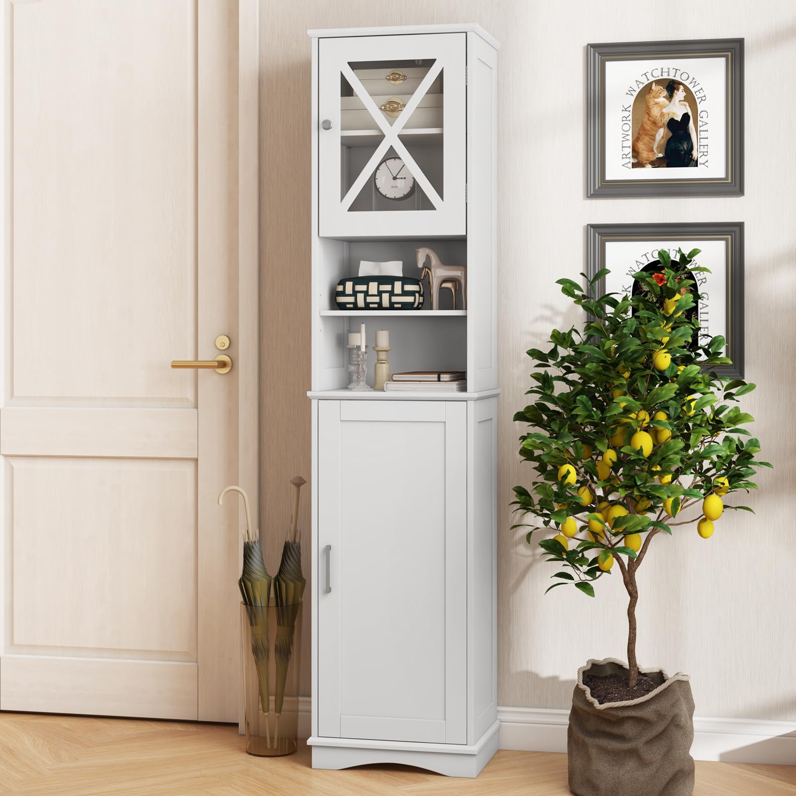 Tall Bathroom Cabinet Freestanding Storage Cupboard Narrow Corner Floor Cabinet