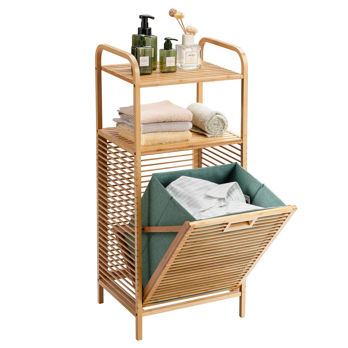 Giantex Tilt-out Laundry Hamper, Bamboo Wood Laundry Shelf Cabinet, Space-saving Laundry Hamper