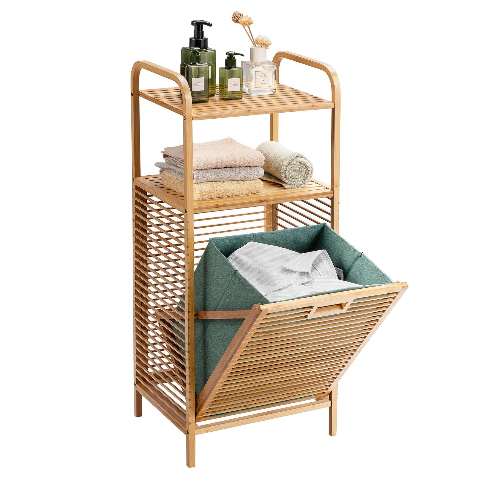Giantex Tilt-out Laundry Hamper, Bamboo Wood Laundry Shelf Cabinet, Space-saving Laundry Hamper