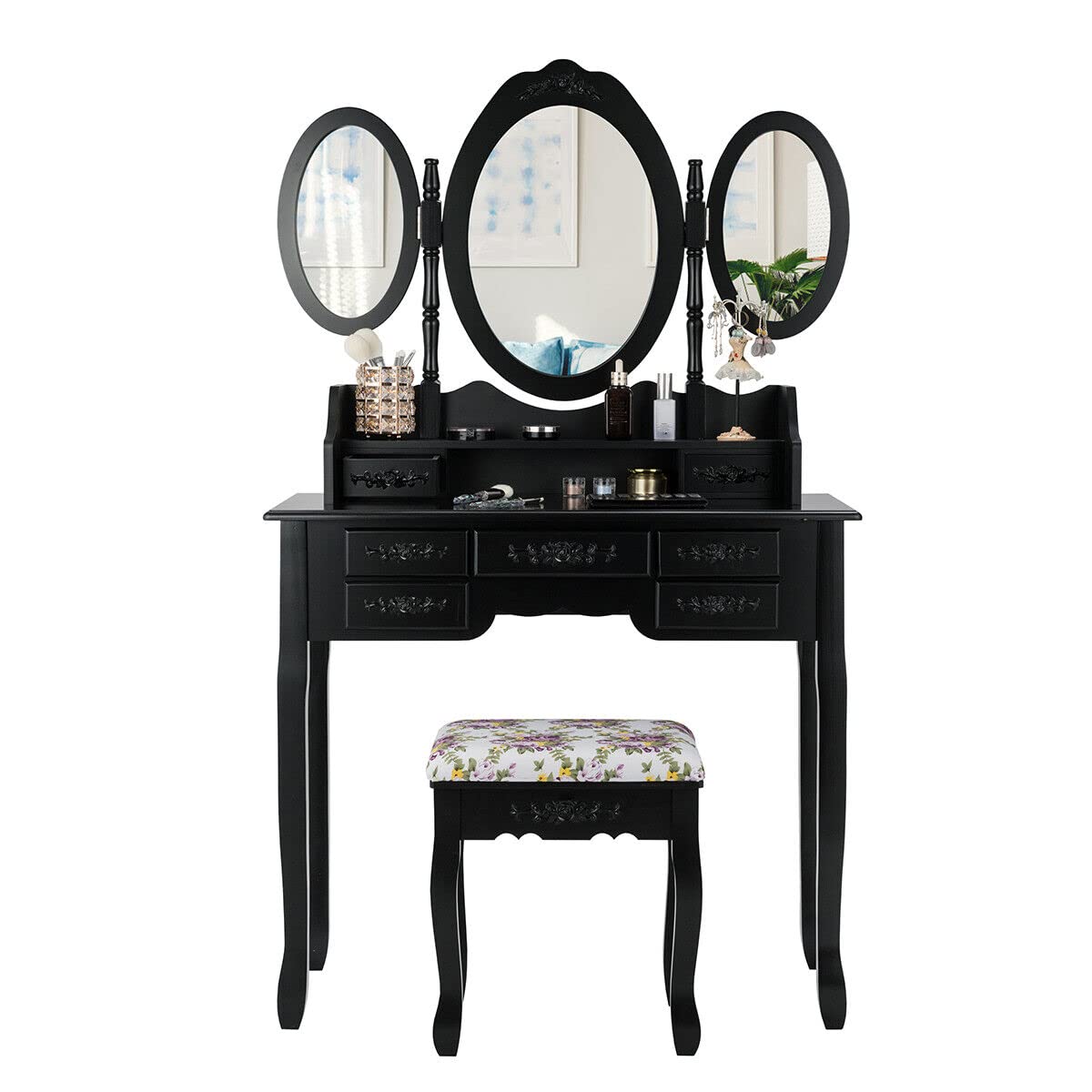 Giantex Folding Vanity Table Set with Mirrors, Elegant Makeup Table & Cushioned Stool Set w/ 7 Drawers and Open Shelf