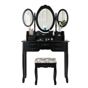 Giantex Folding Vanity Table Set with Mirrors, Elegant Makeup Table & Cushioned Stool Set w/ 7 Drawers and Open Shelf