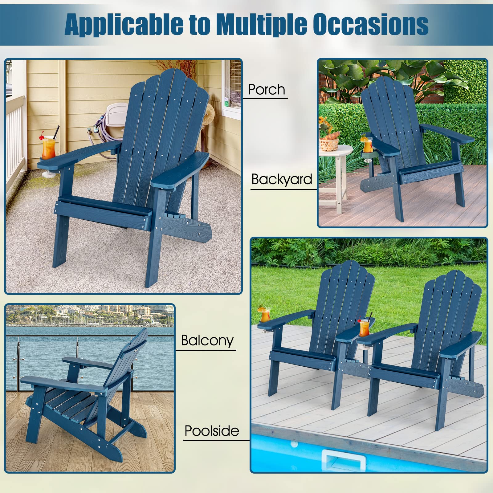 Adirondack Chair, HIPS Adirondack Chair w/Cup Holder, Realistic Wood Grain, Weather Resistant Outdoor Chair for Patio