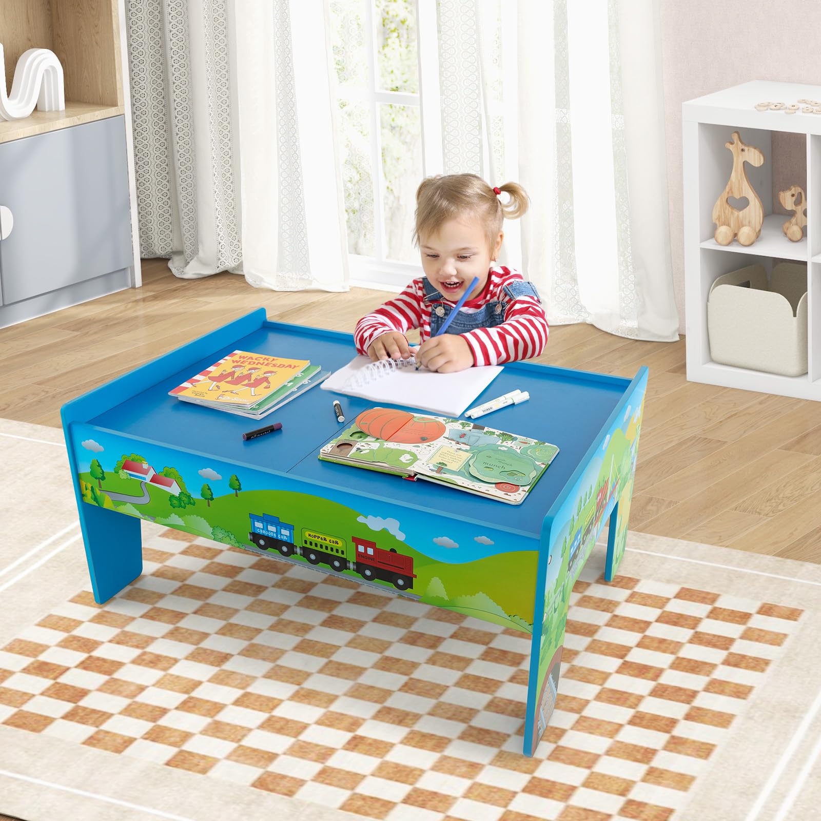 84/80 Pieces Wooden Train Set & Table with Reversible Tabletop