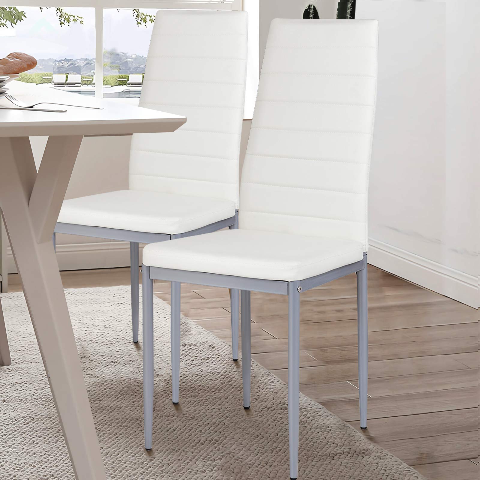 Giantex Set of 4 Dining Chairs with High Backrest, Kitchen Chair with Metal Legs, Leather Seat