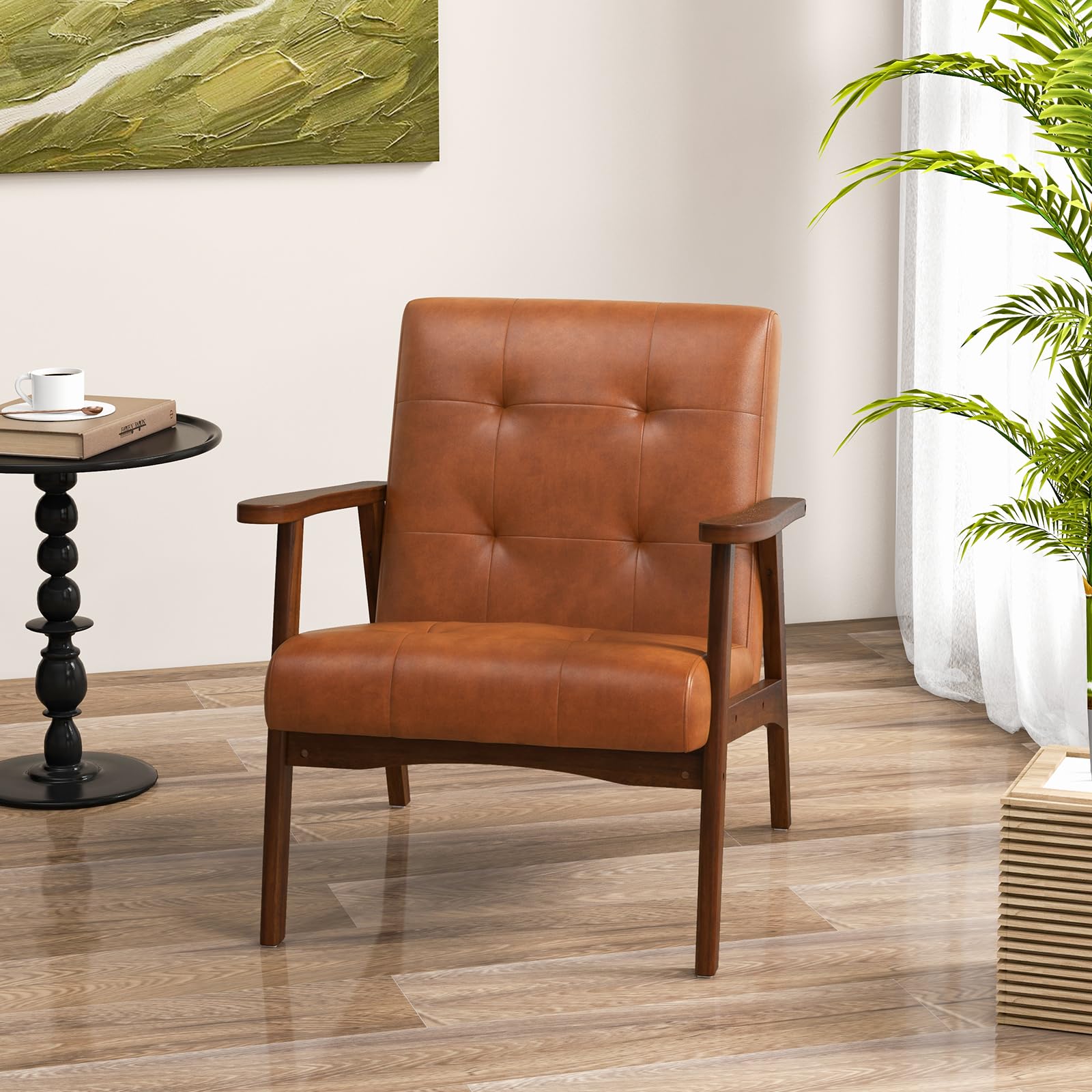 Giantex Mid Century Modern Accent Chair, Living Room Arm Chair with Solid Rubber Wood Frame