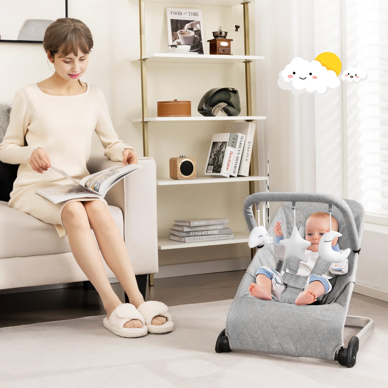 Baby Bouncer, Foldable Baby Rocker with 5-Point Safety Harness, Removable Fabric Cover and Toy Bar