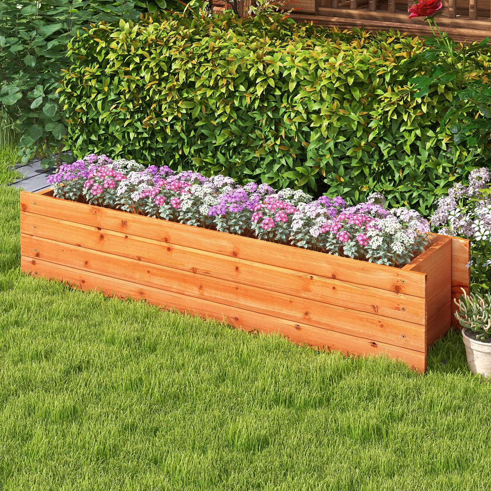 Raised Garden Bed, Fir Wood Planter Box with 2 Drainage Holes & 3 Added Bottom Crossbars