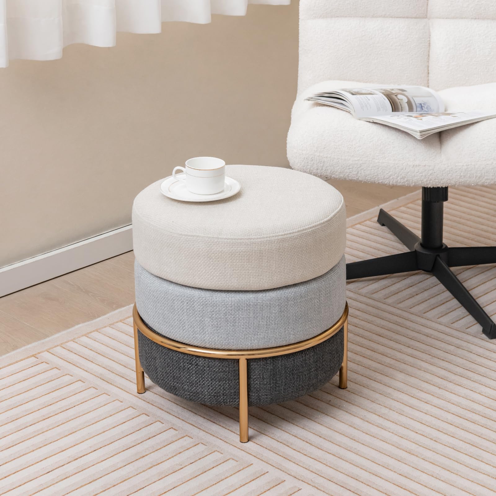 Giantex Upholstered Linen Fabric Ottoman, Multifunctional Round Vanity Stool with Gold Metal Legs & Anti-Slip Foot Pads