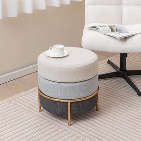 Giantex Upholstered Linen Fabric Ottoman, Multifunctional Round Vanity Stool with Gold Metal Legs & Anti-Slip Foot Pads