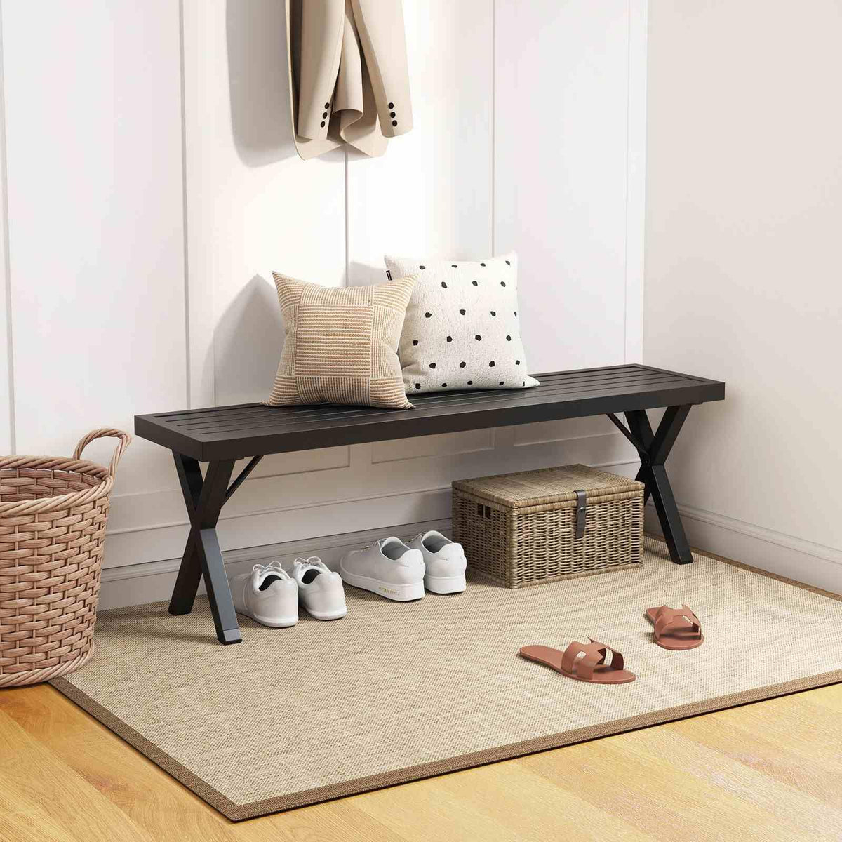 Patio Metal Bench, Heavy-Duty 2-Person Bench w/Slatted Seat & X Legs