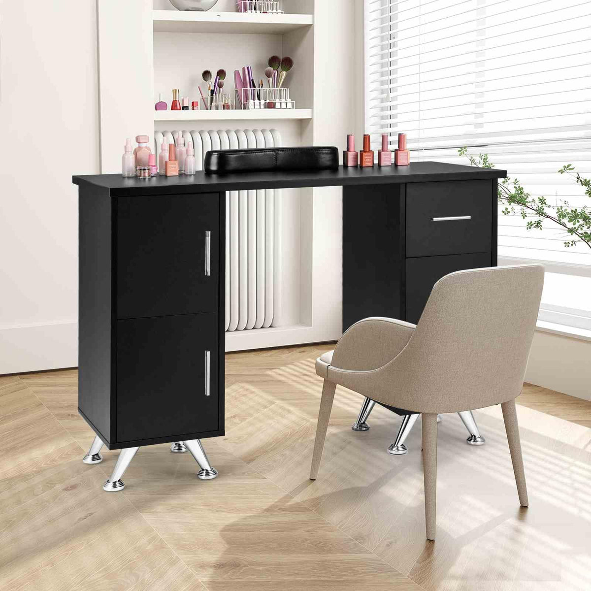 Manicure Table Nail Desk with Drawers, Wrist Rest, Metal Legs, Nail Tech Station