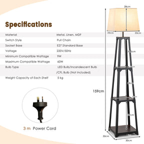 Shelf Floor Lamp, Display Floor Lamp with Shelves and Linen Lampshade