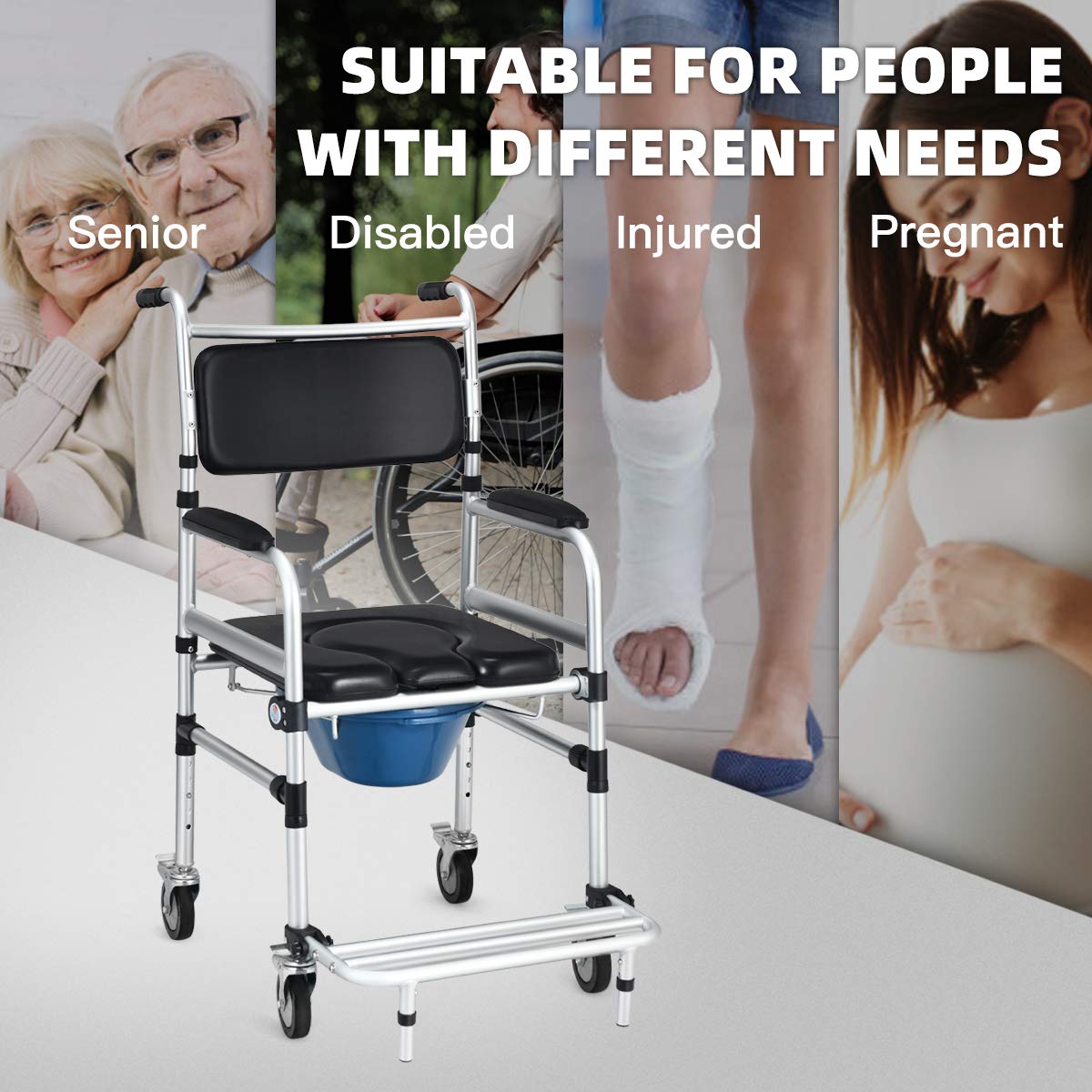 Toilet Commode Wheelchair, Multifunctional Rolling Commode Chair w/ 5-Level Adjustable Height & Removable Toilet