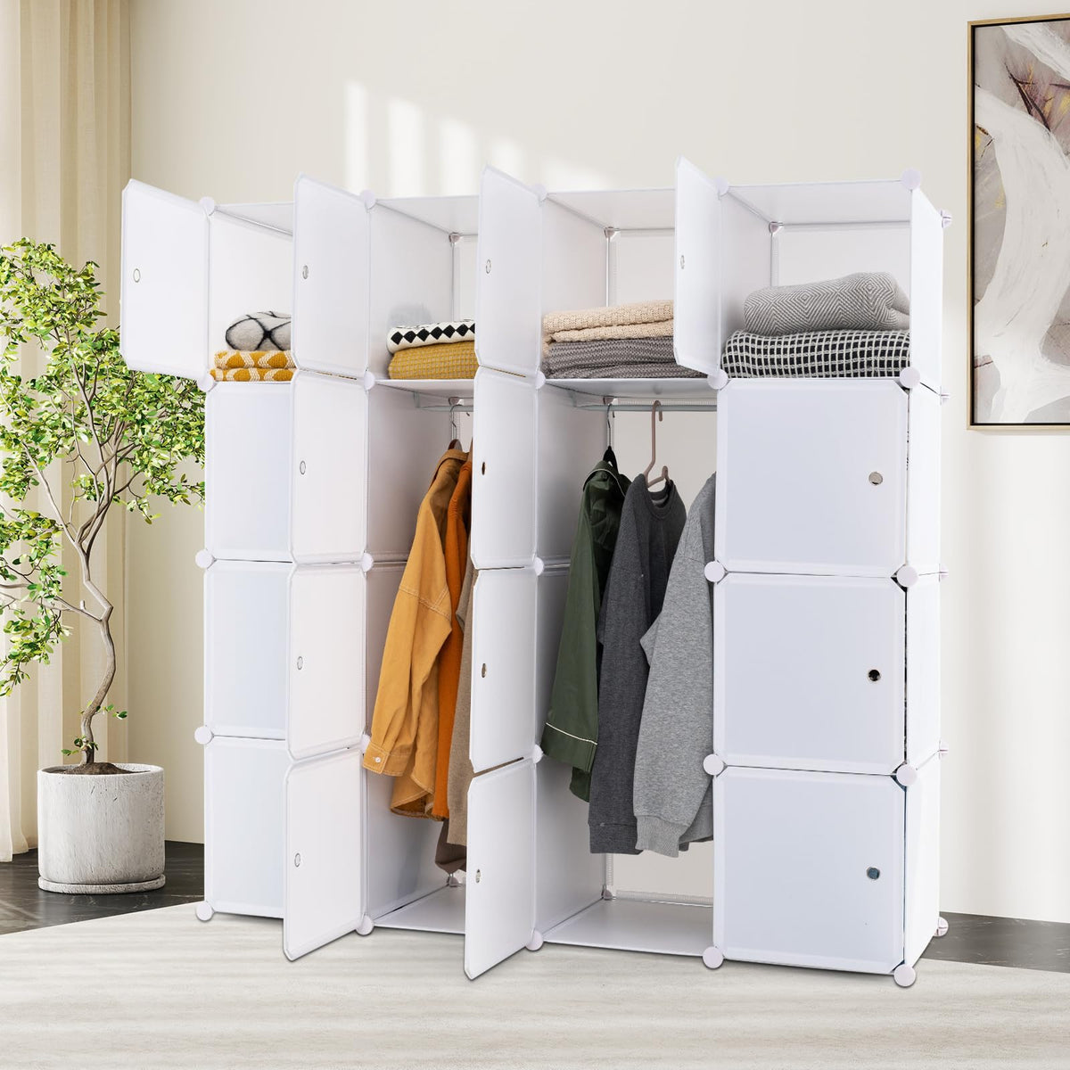 16-Cube Storage Organizer, DIY Modular Closet Storage Cabinet with Hanging Poles for Clothing