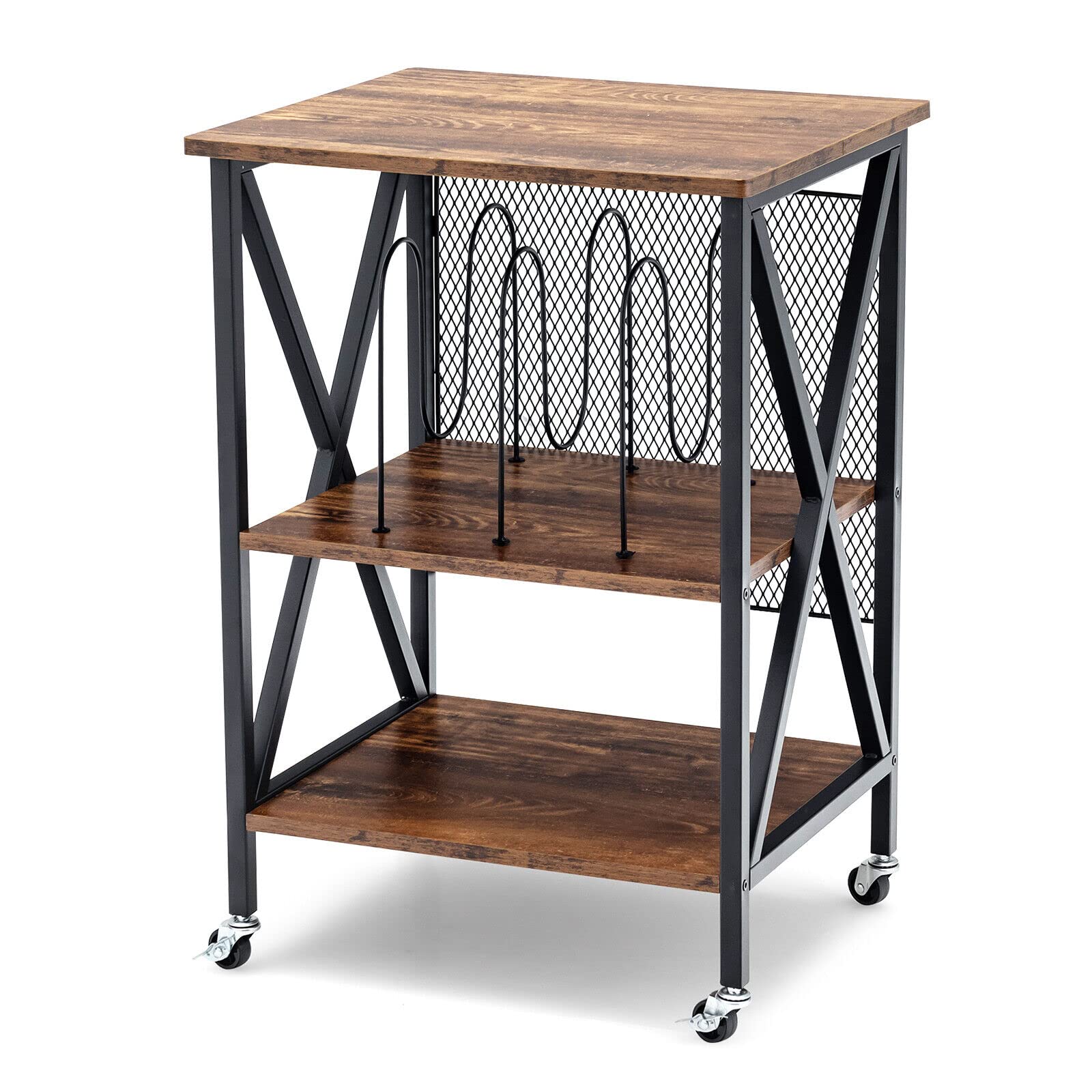 Giantex 3-Tier End Table, Rolling Turntable Stand, Rustic Vinyl Record Storage Holder w/ 3 Dividers for Albums