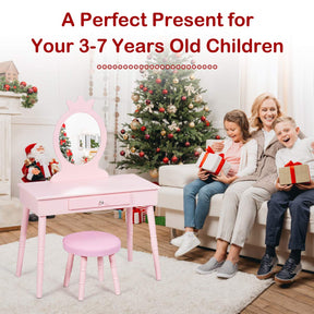 HONEY JOY Kids Vanity Set with Real Mirror & Cushioned Stool, Crown Shape Princess Makeup Dressing Table Stool Set
