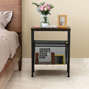 Giantex Industrial End Table, 2-Tier Narrow Small Side Accent Table with Mesh Magazine Holder Sling