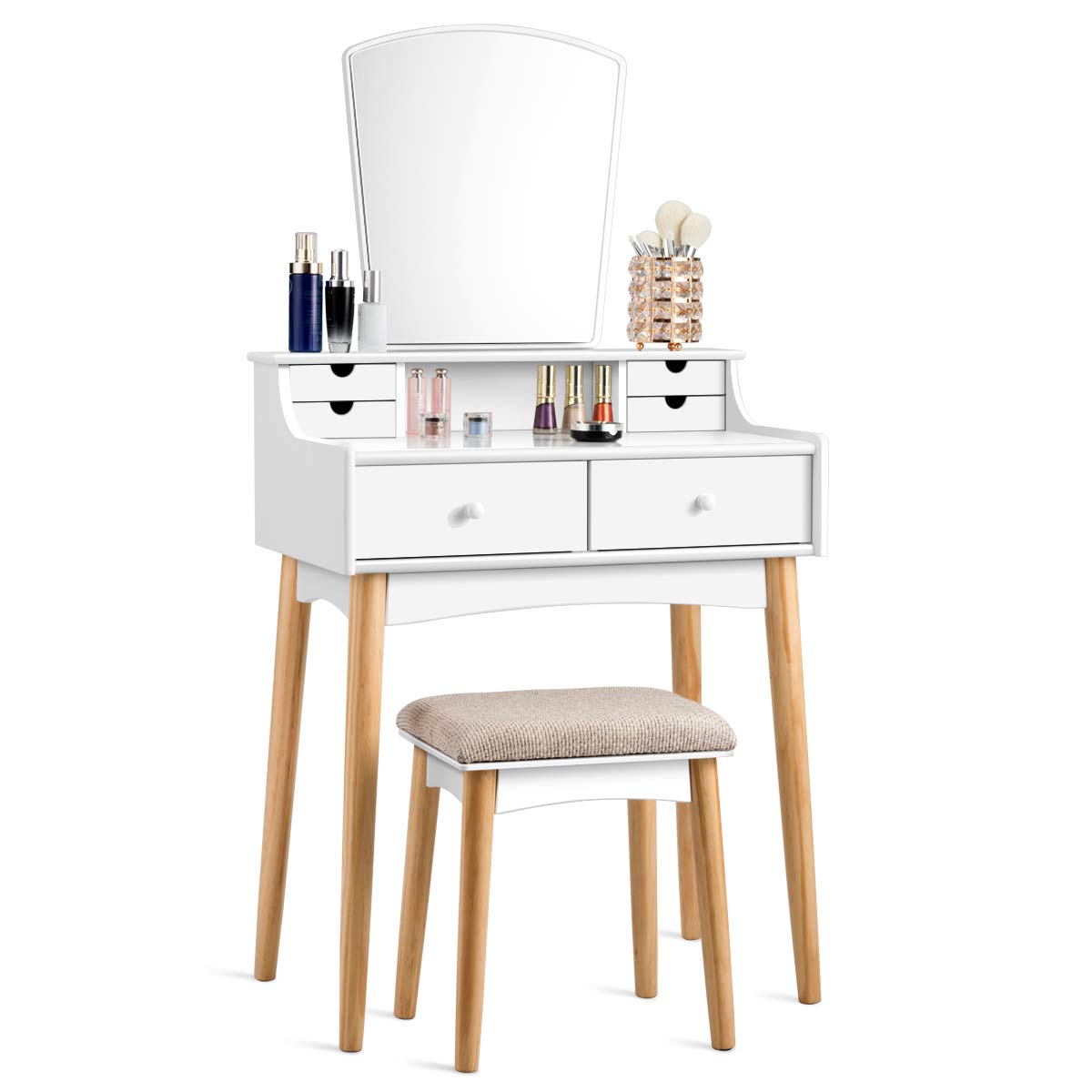 Giantex Vanity Table Set w/Mirror & Cushioned Stool Dressing Table