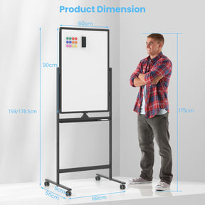 Mobile Magnetic Double-Sided Reversible Whiteboard, 360° Rolling Dry Erase Board w/Markers