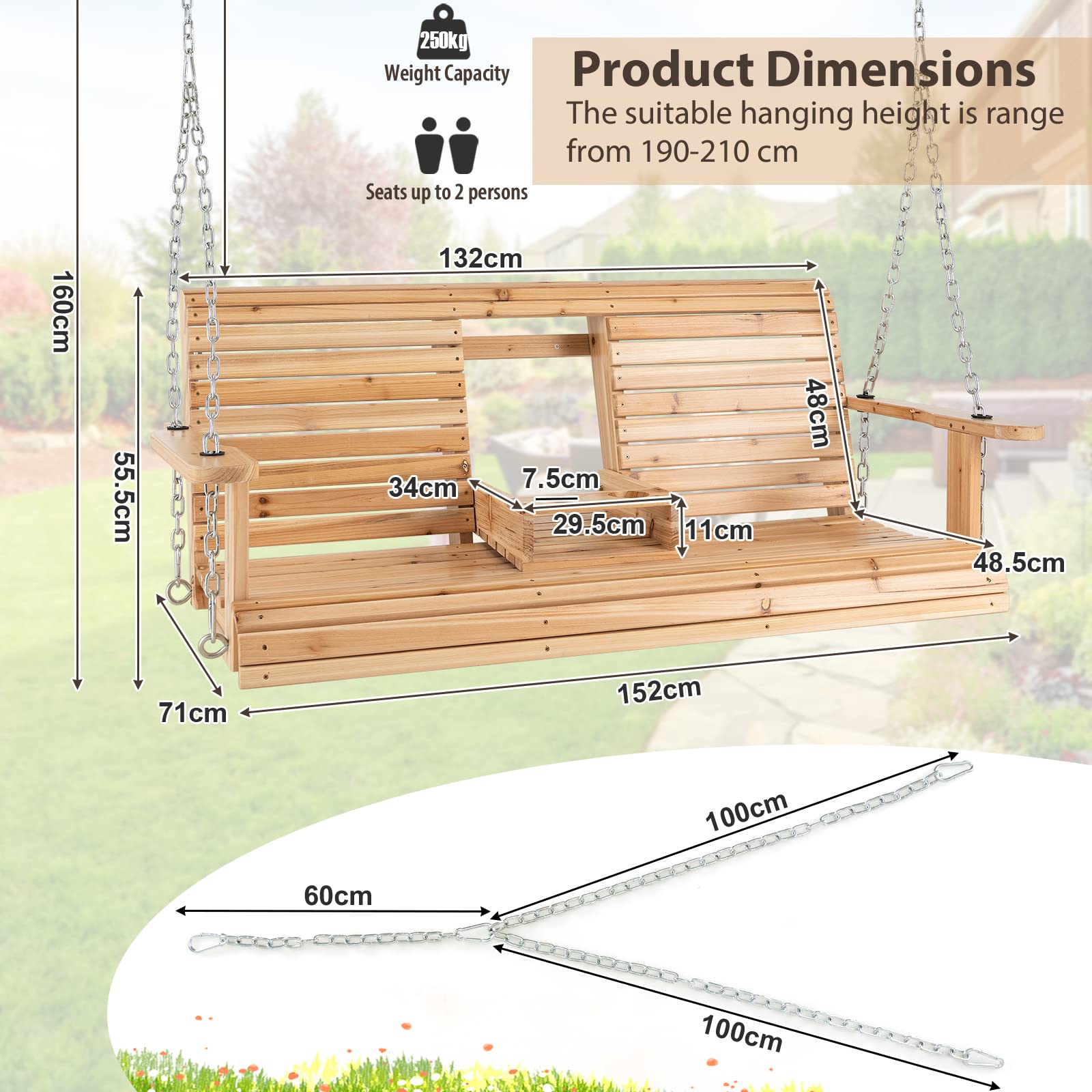Hanging Porch Swing, 2-seat Wood Swing Bench W/Folding Cup Holder and Sturdy Metal Hanging Chains
