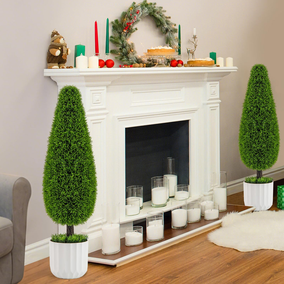 90cm Artificial Cedar Teardrop Shaped Bush Potted Topiary Plant for Home 2 Pack