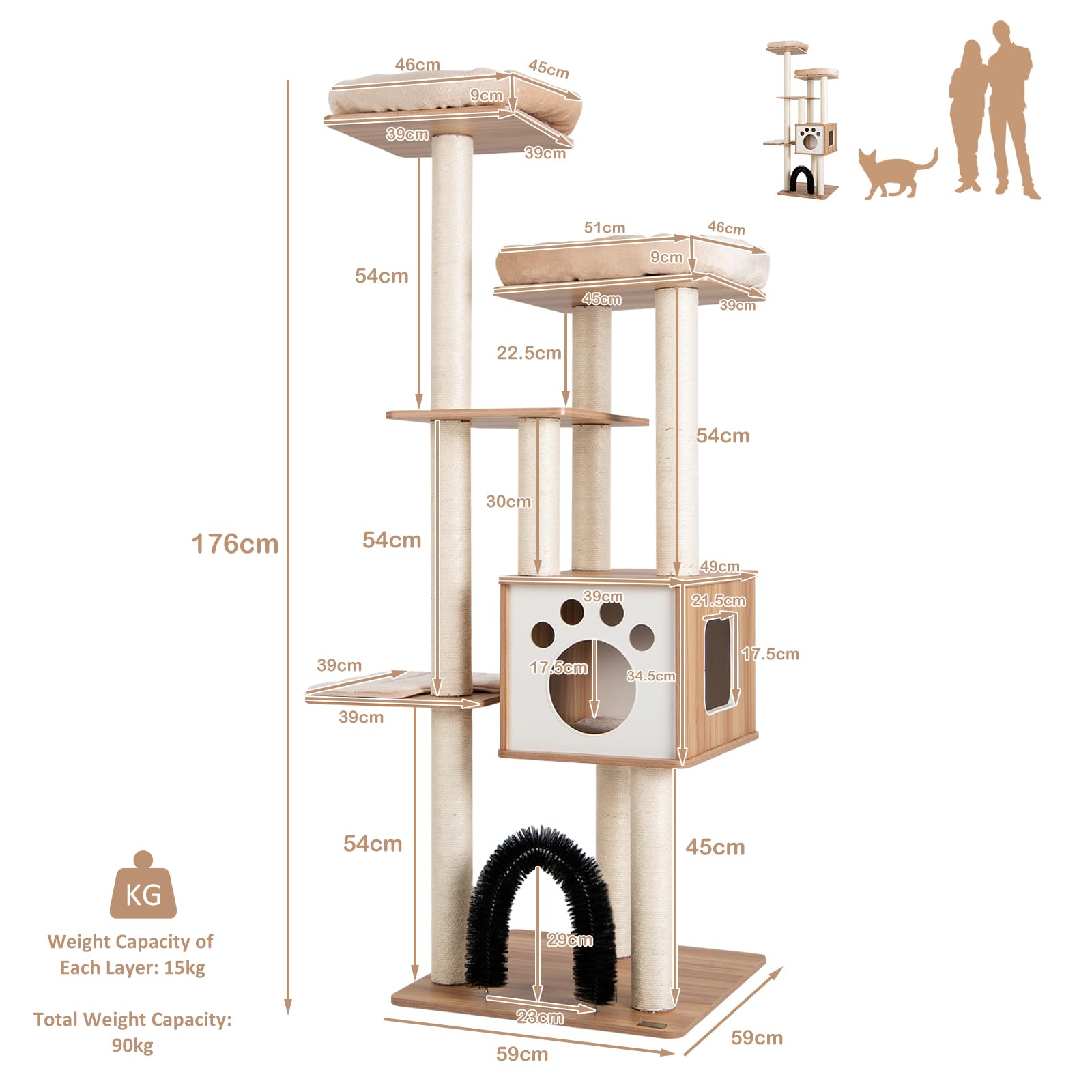 Modern Cat Tree for Indoor Cats, Multi-Level Tall Cute Cat Tree with 2 Top Plush Perches