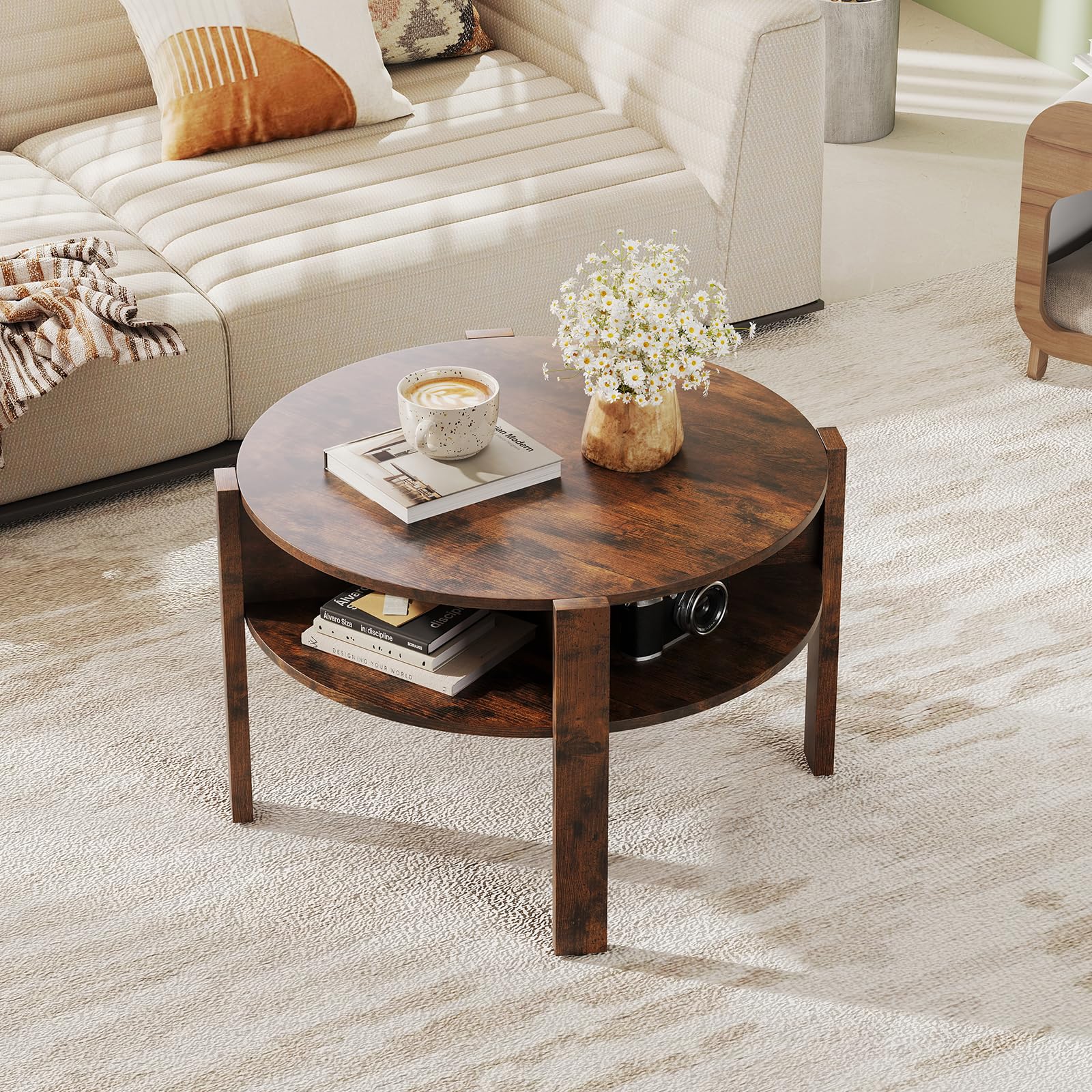 2-Tier Round Coffee Table w/Storage, 75 cm Tea Cocktail Table w/ 4 Shelves