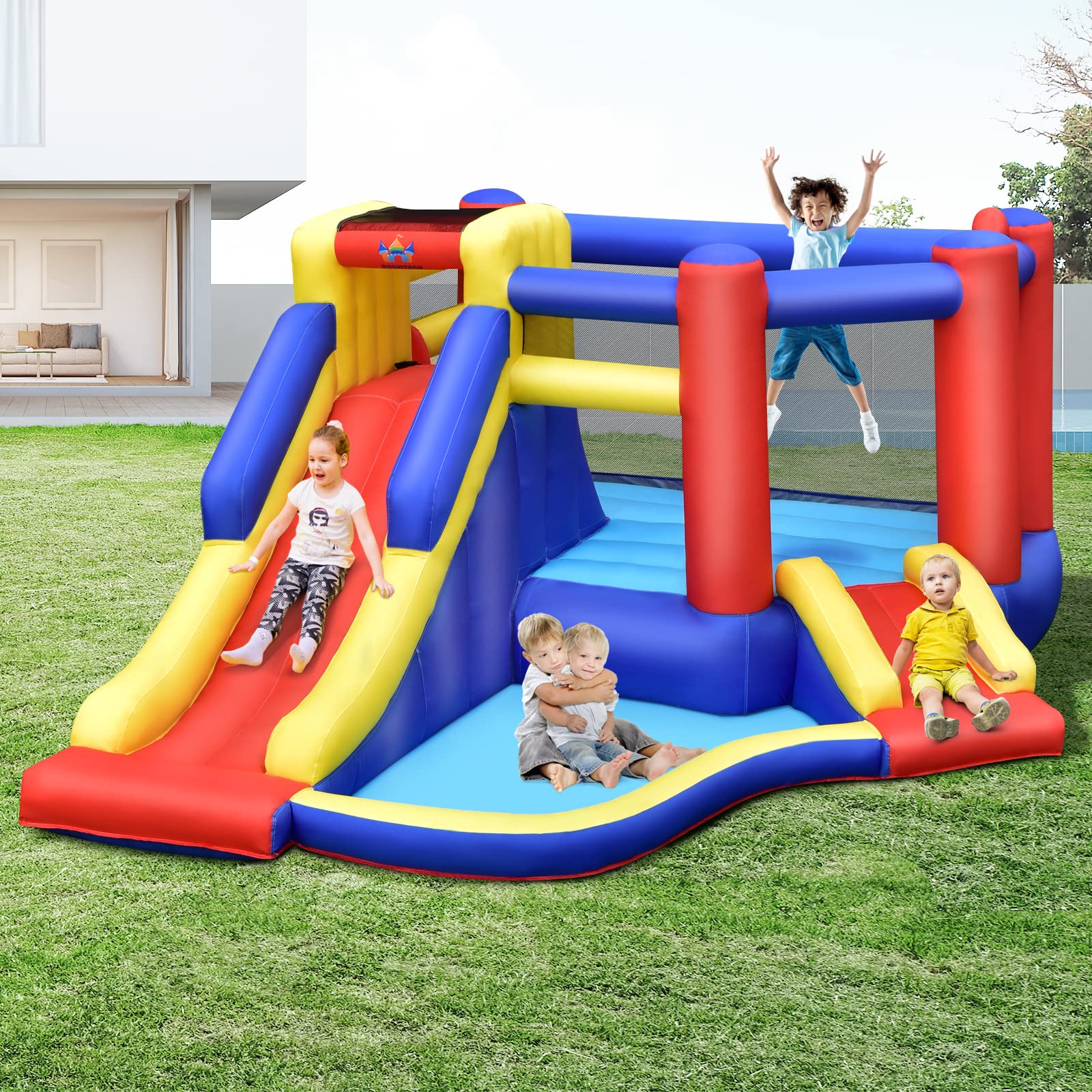 HONEY JOY Inflatable Bounce House with Large Jumping Area, Dual Slide, Ball Pit, Climb Wall, Basketball Hoop