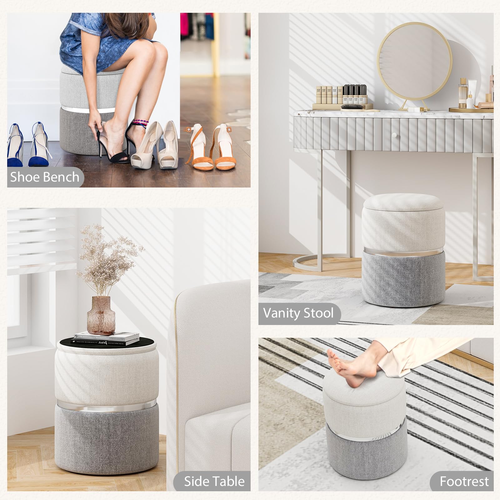 Giantex Linen Fabric Storage Ottoman Set of 2, Modern Round Ottoman with Storage