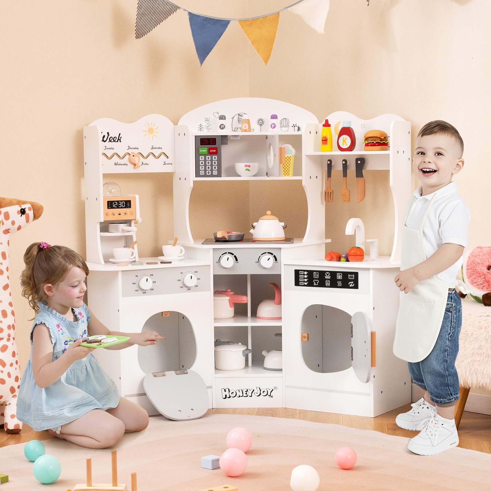 Corner Wooden Play Kitchen, 18 PCS Pretend Kitchen Playset w/Coffee Machine, Slide, Microwave, Oven