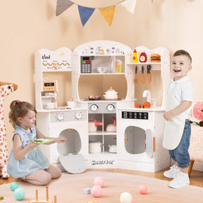 Corner Wooden Play Kitchen, 18 PCS Pretend Kitchen Playset w/Coffee Machine, Slide, Microwave, Oven