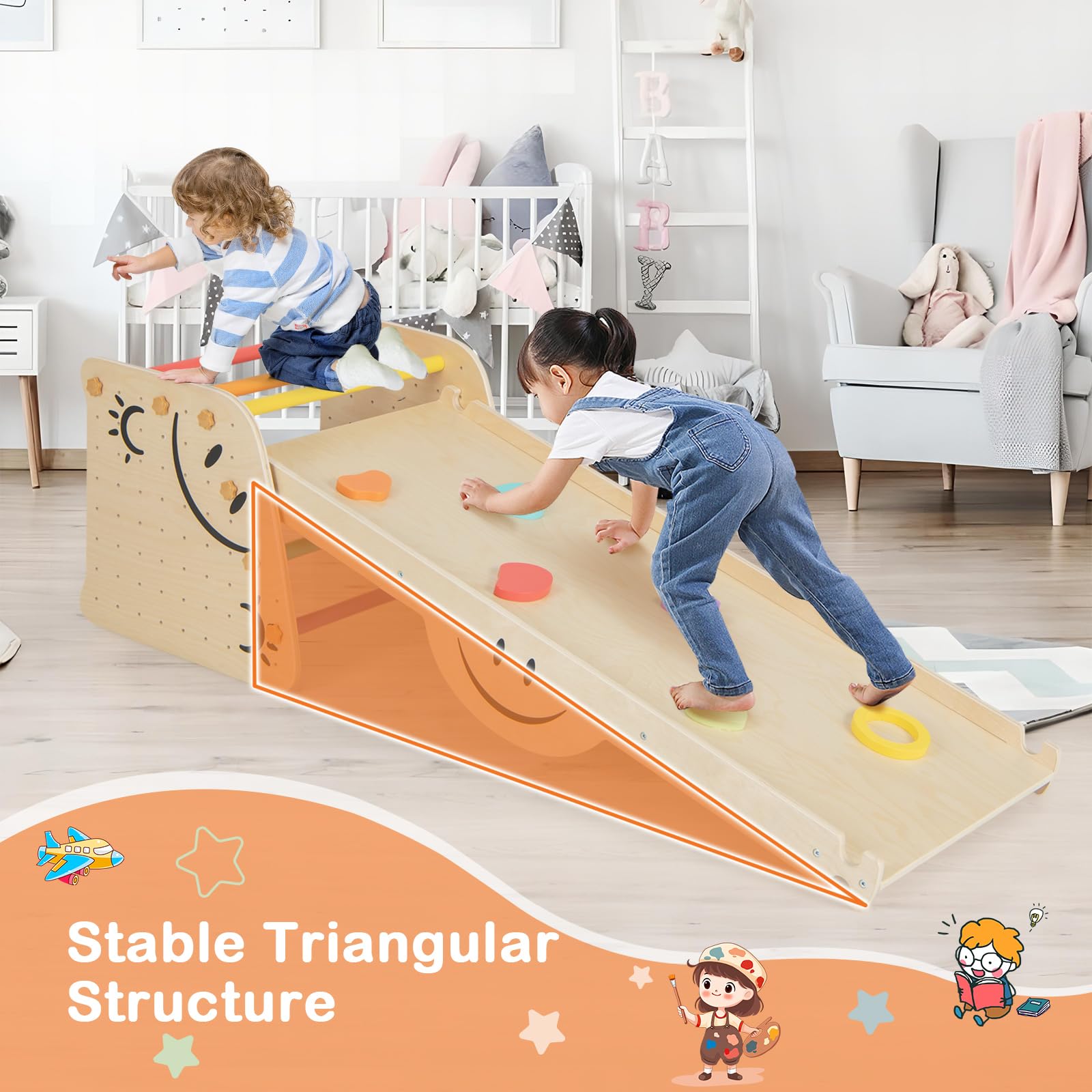 HONEY JOY Kids Wooden Climbing Toy, Triangle Climber Jungle Gym Set w/Seesaw, Dual-Sided Ramp