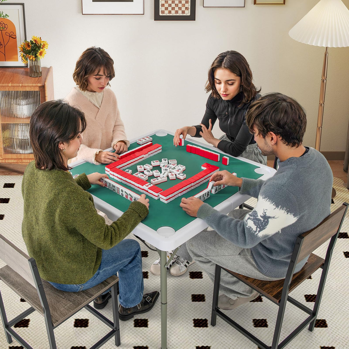 Giantex 90cm Folding Mahjong Table, 4 Player Game Card Table w/Cup Holders & Smooth Felt Mat