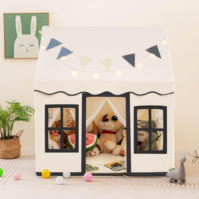 Kids Play Tent, Large Playhouse w/Star String Lights & Flag Banner, Washable Anti-Slip Coral Velvet Mat