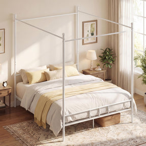 Canopy Bed Frame, Modern 4-Poster Platform Bed with Headboard & Under-bed Storage, Heavy-duty Mattress Foundation with Metal Slat Support, No Box Spring Needed, 190 x 92 cm, White/Black