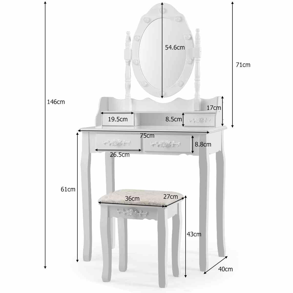 Makeup Vanity Set with Rotating Mirror and 10 LED Dimmable Bulbs